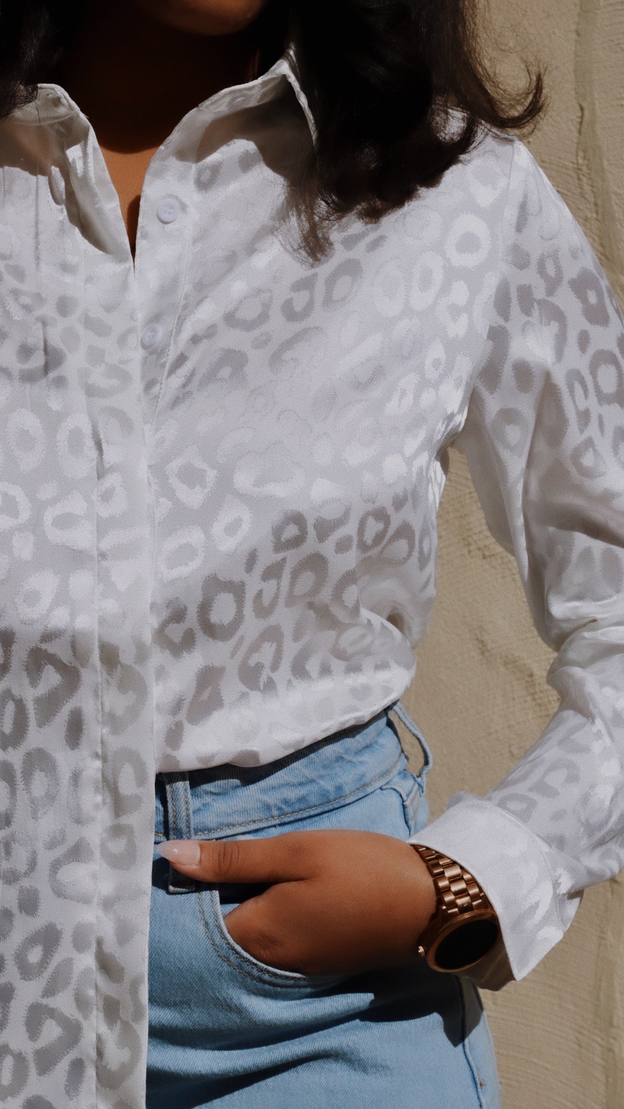 On The Prowl | Satin Leopard Button Down (White)